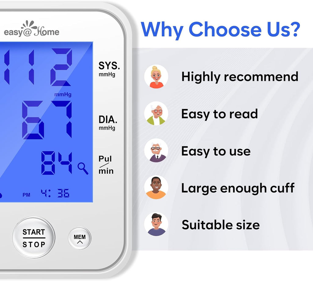 Easy@Home Upper Arm Blood Pressure Monitor, Automatic BP Machine with Backlit Display

