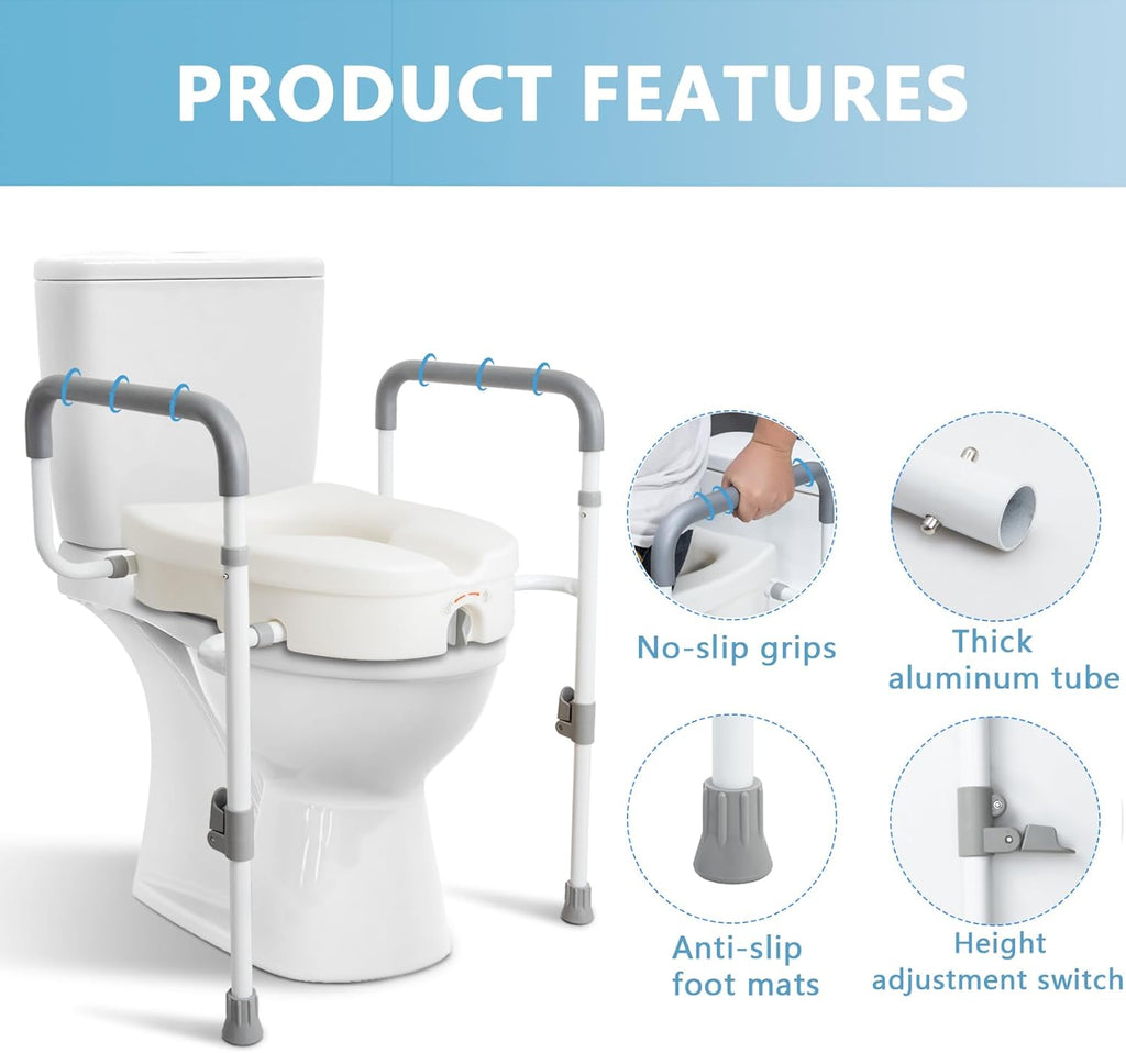 WeHwupe Raised Toilet Seat with Handles and Padded Arms for Elderly Safety

