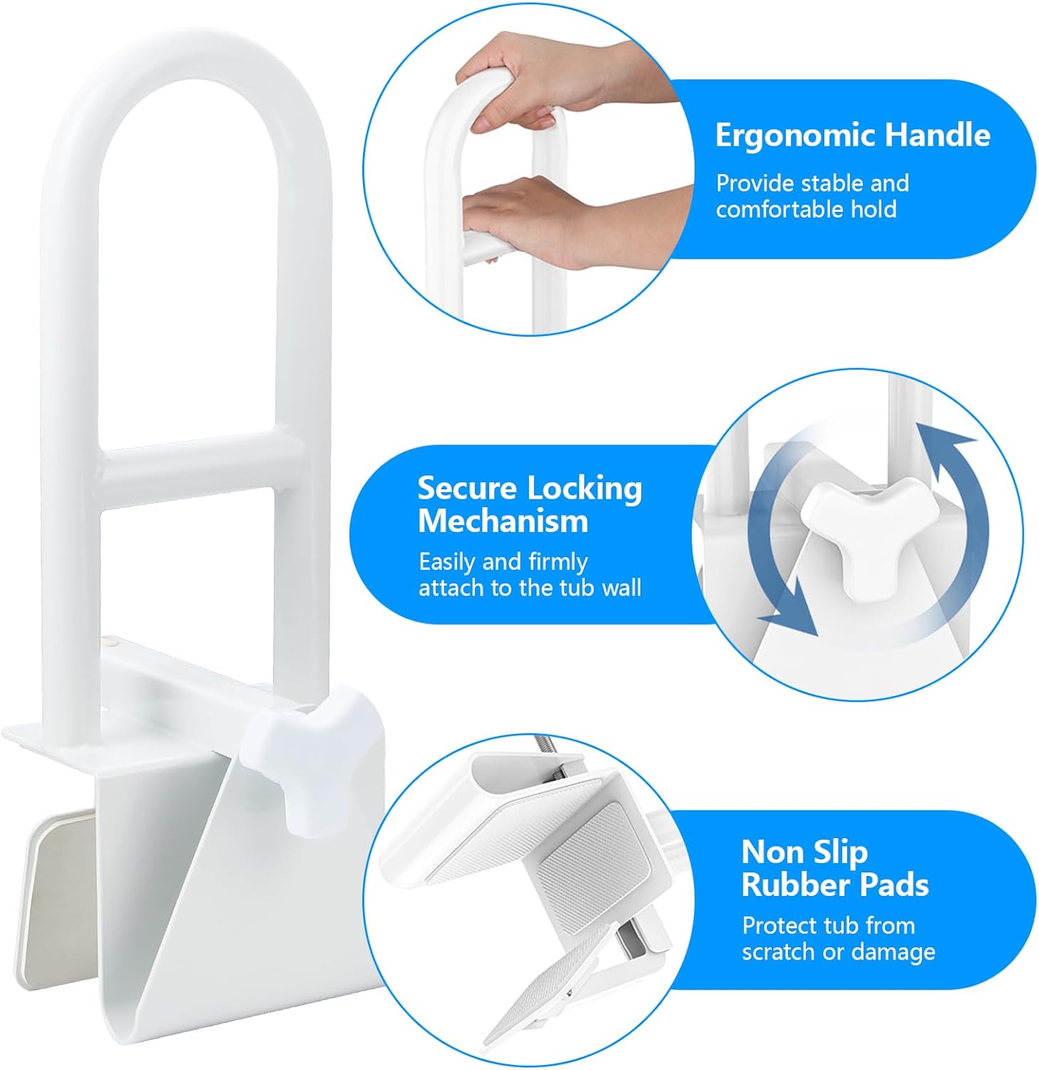 Bathtub Safety Rail Grab Bar with Adjustable Clamp for Bath and Shower, 300 lb

