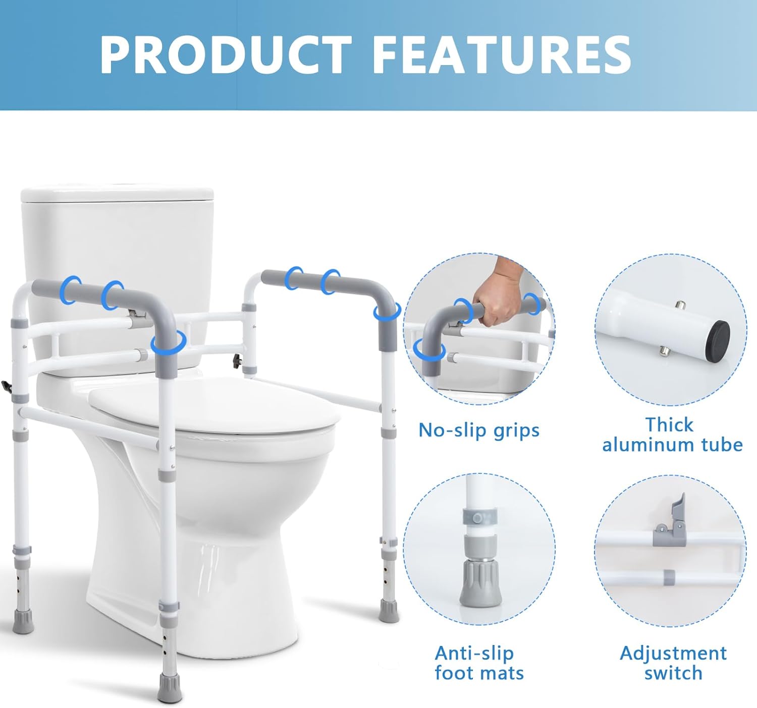 WeHwupe Toilet Safety Rail with Adjustable Grab Handles for Seniors Bathroom

