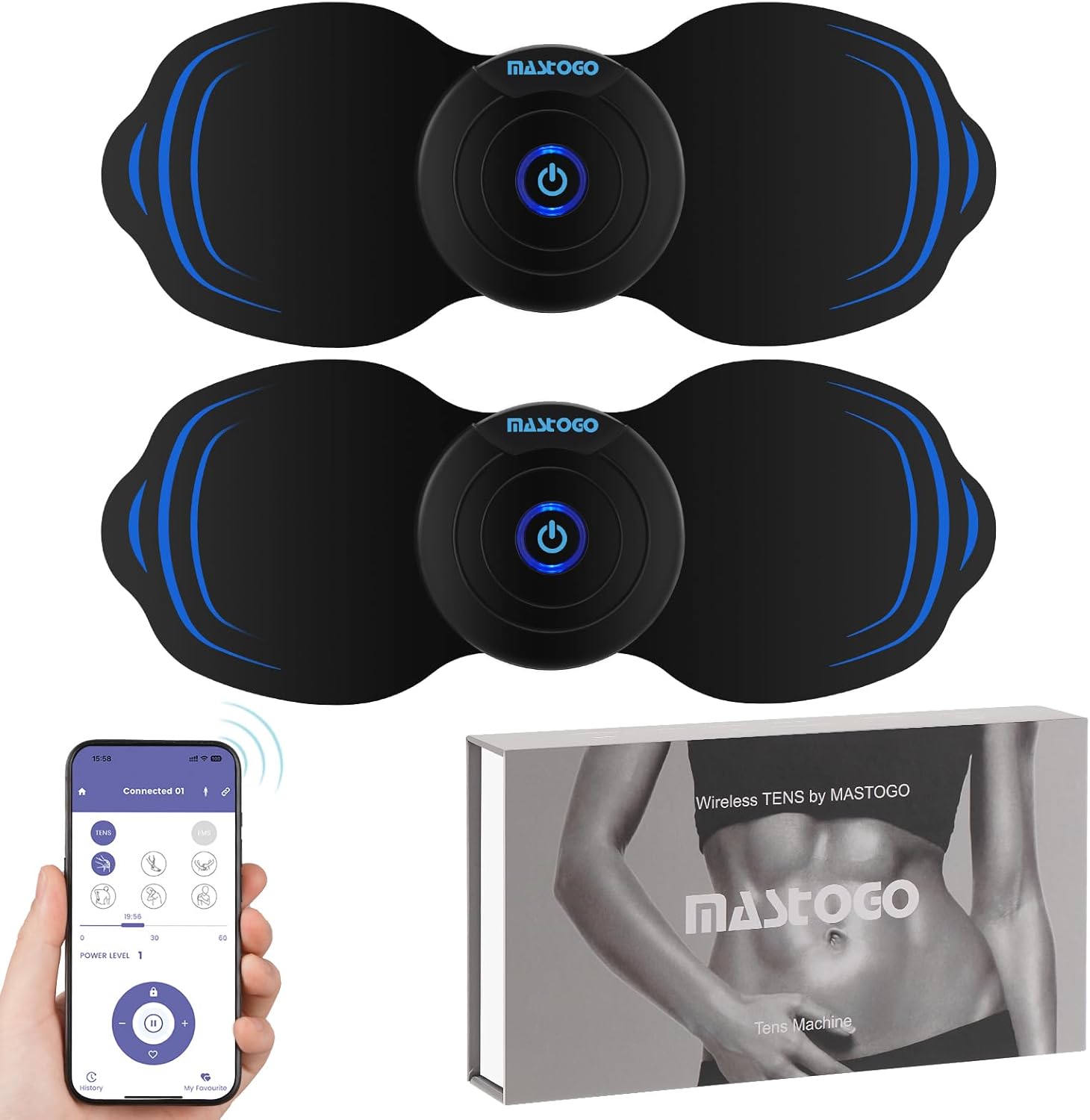 MASTOGO Wireless TENS Unit Muscle Stimulator with Bluetooth App Control

