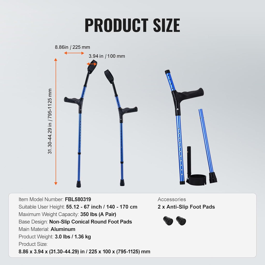 VEVOR Forearm Crutches for Adults, Height Adjustable Walking Crutches, 1 Pair

