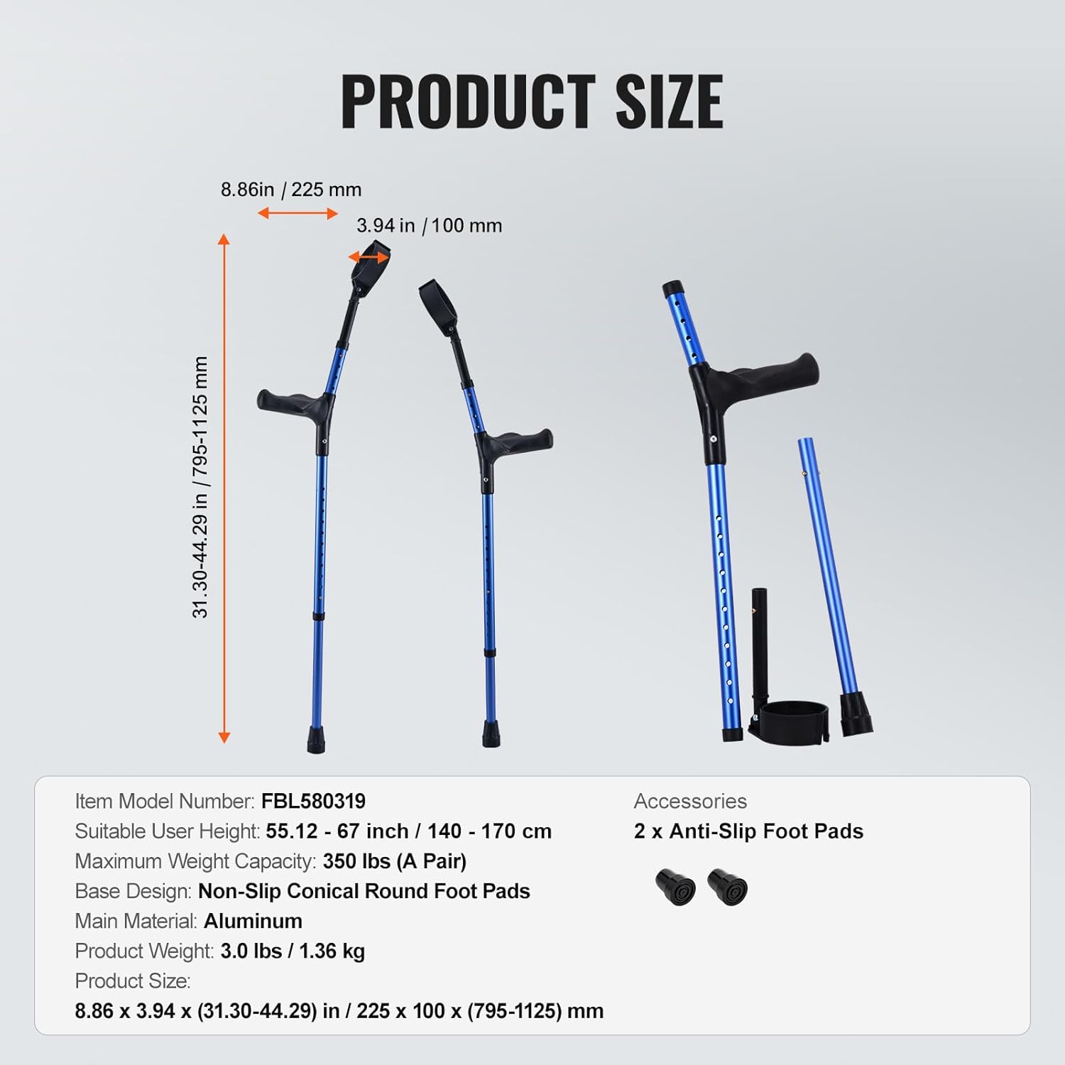VEVOR Forearm Crutches for Adults, Height Adjustable Walking Crutches, 1 Pair


