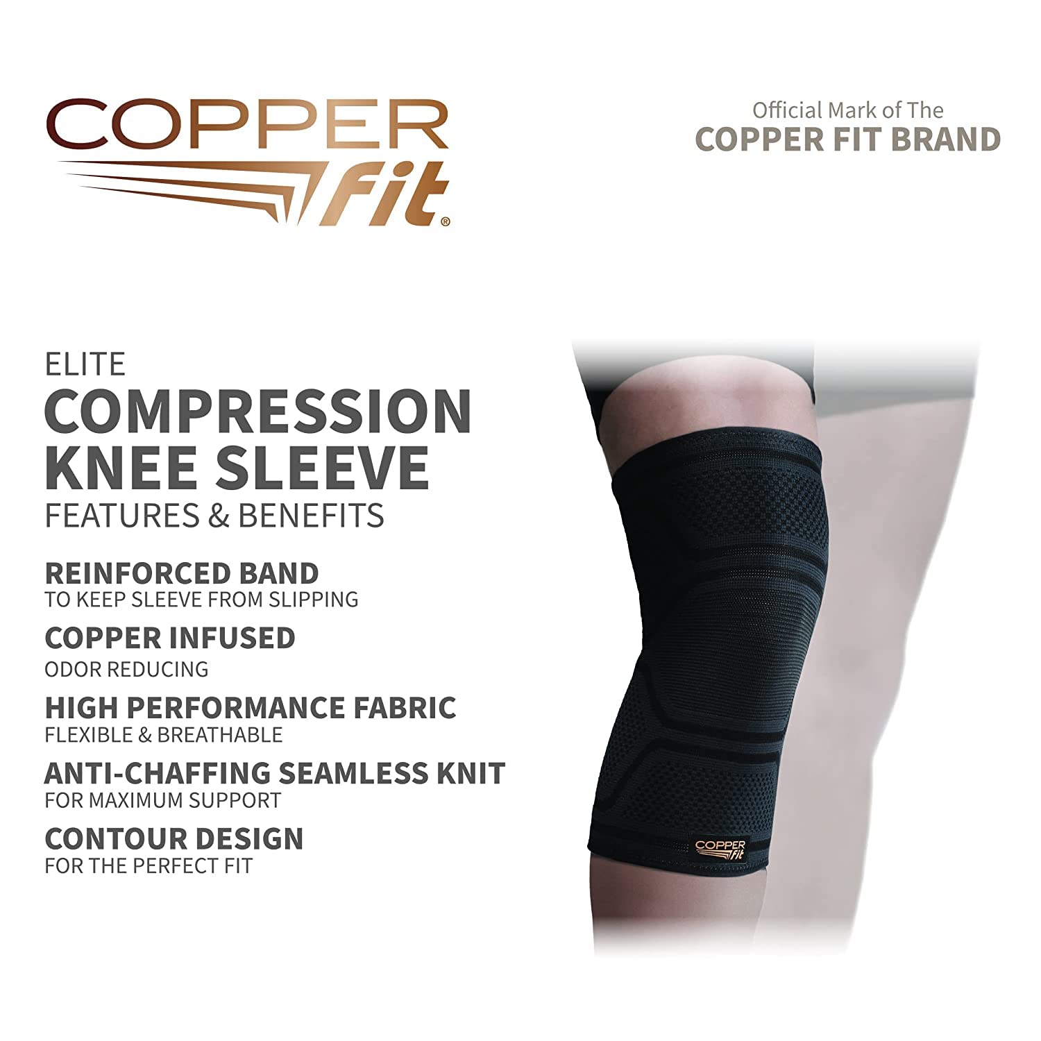 Copper Fit Elite Knee Compression Sleeve Knee Brace, Black, AIR Technology, Ventilated

