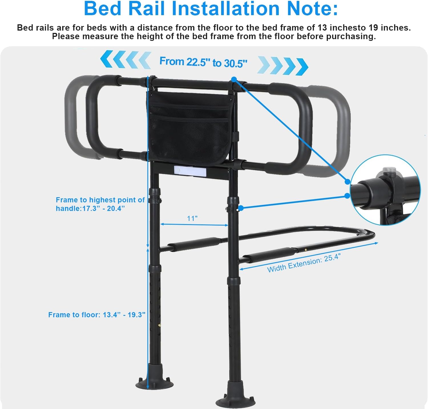 Bed Rails for Elderly Adults with Motion Sensor Light, Non-Slip Handles, Storage Bag

