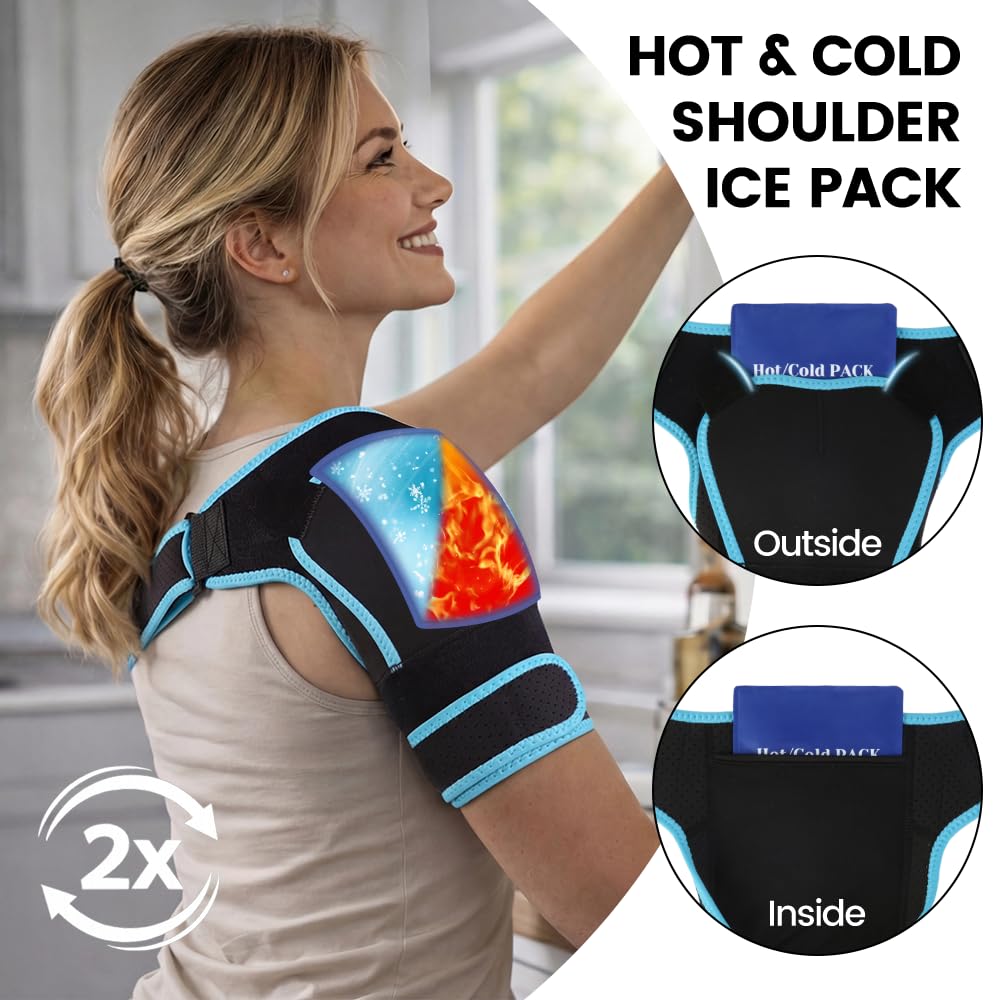 Shoulder Brace with Reusable Gel Ice Pack, Rotator Cuff Support Wrap for Cold & Hot

