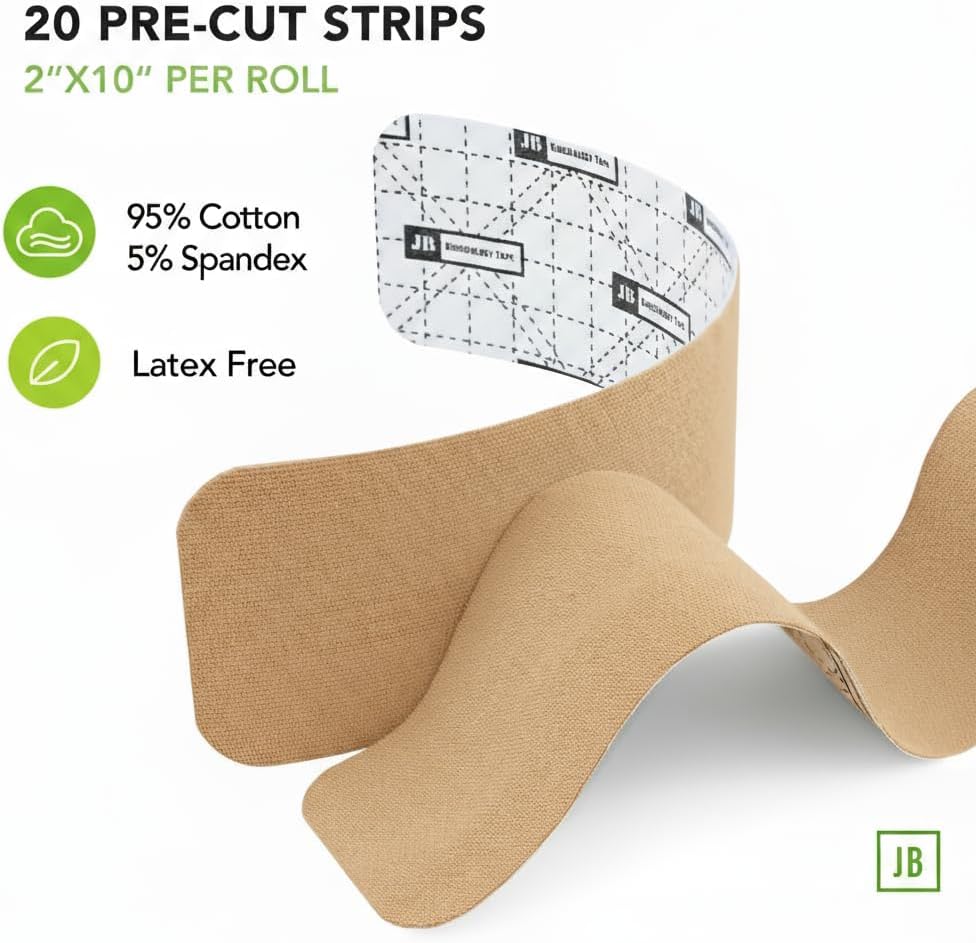 JB Tape Kinesiology Tape 80 Precut 10-Inch Strips, Elastic Latex-Free, 4 Rolls

