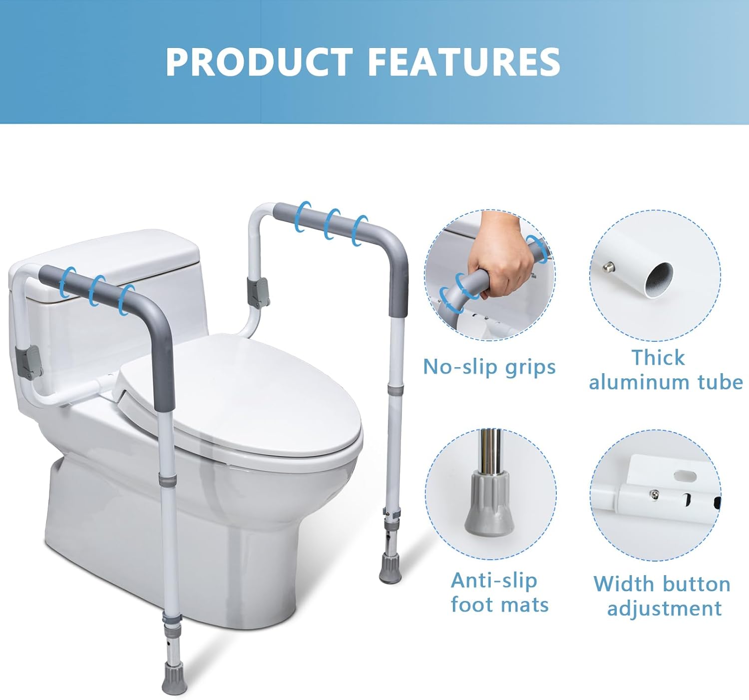 WeHwupe Toilet Safety Rails Adjustable Bathroom Grab Bar with Handles

