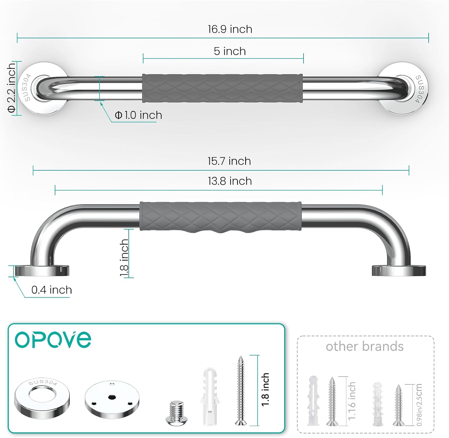 Opove Anti-Slip Shower Grab Bars for Elderly, Stainless Steel Bathroom Handle

