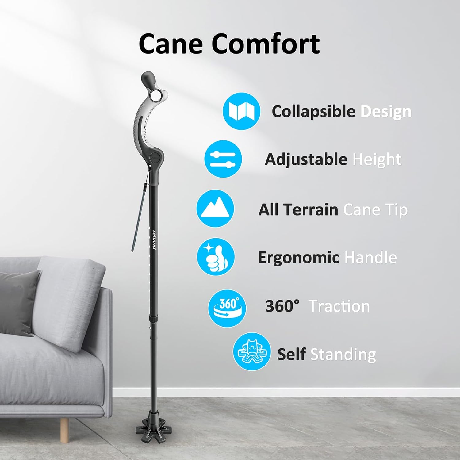 REHAND Adjustable Walking Cane for Seniors, Ergonomic Anti-Slip Grip, Foldable

