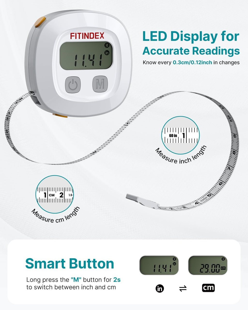 Fitindex Retractable Smart Measuring Tape with LED Display for Body Measurements

