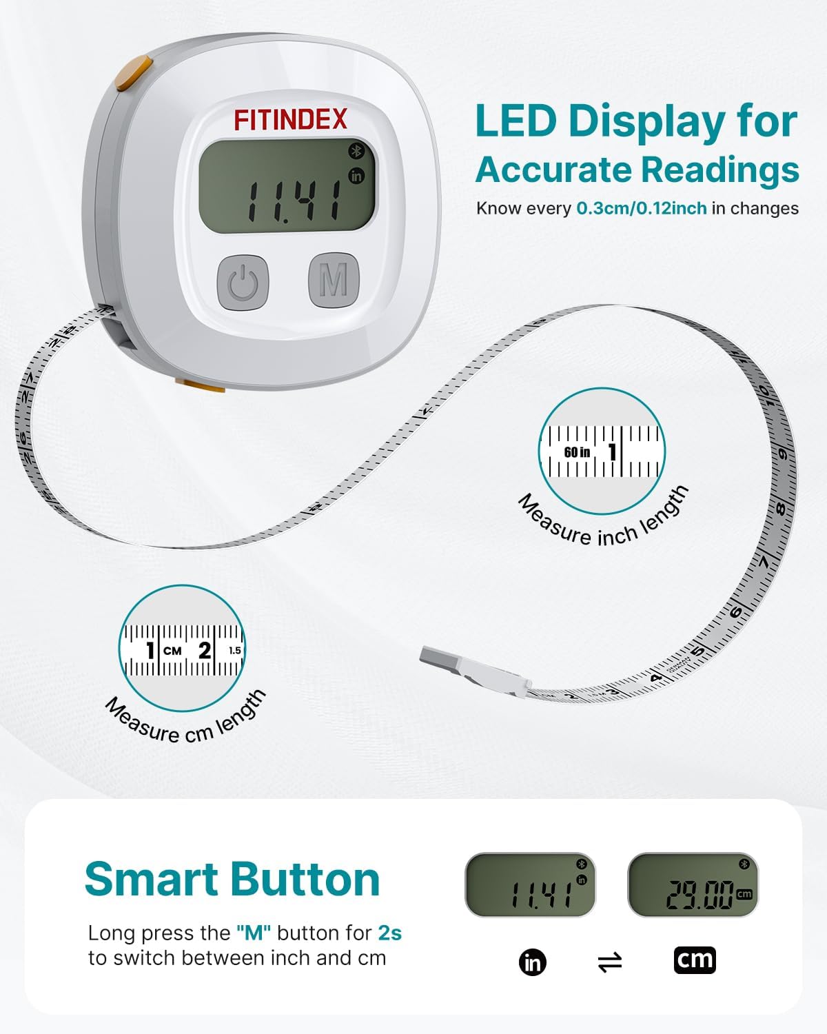 Fitindex Retractable Smart Measuring Tape with LED Display for Body Measurements

