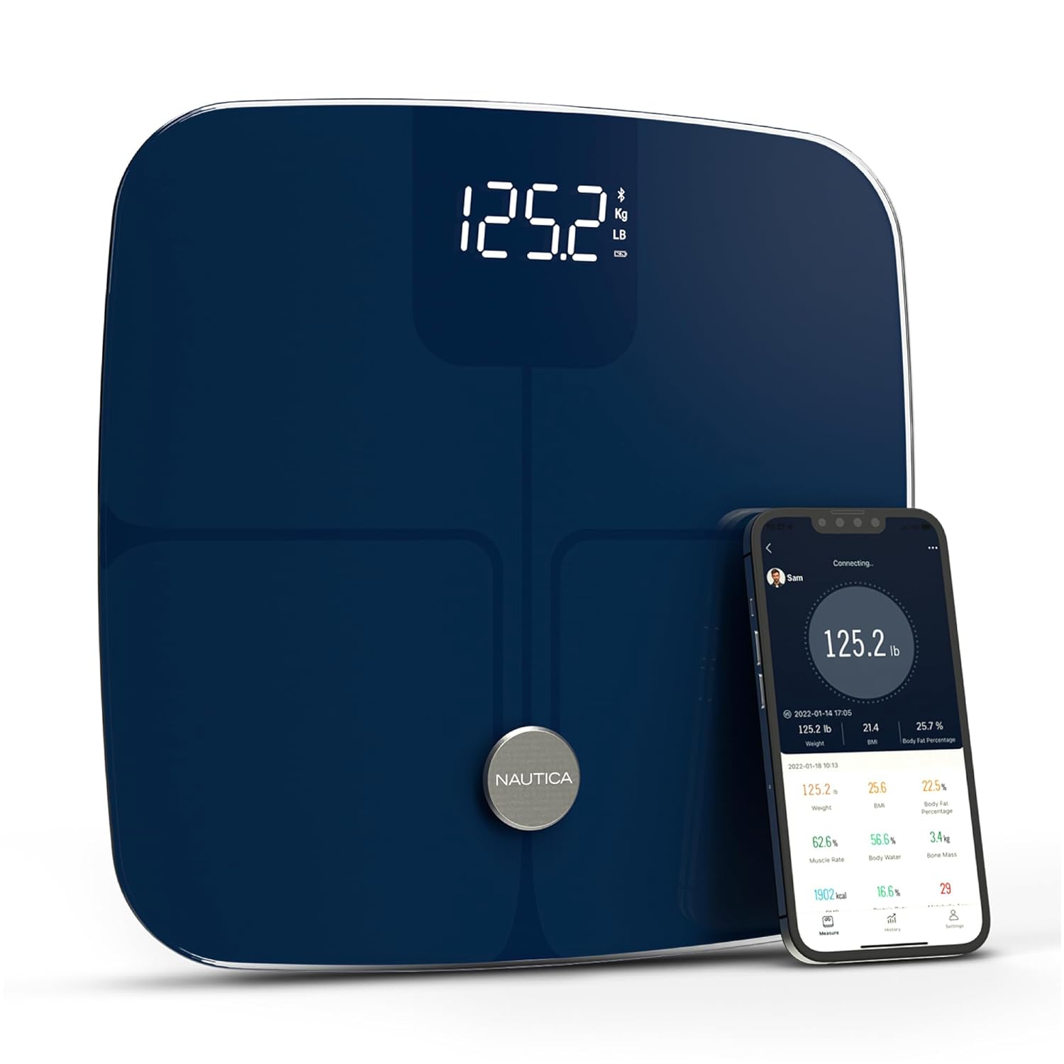 Nautica Smart Body Composition Scale with BMI, Body Fat, Bluetooth App, Hidden LED

