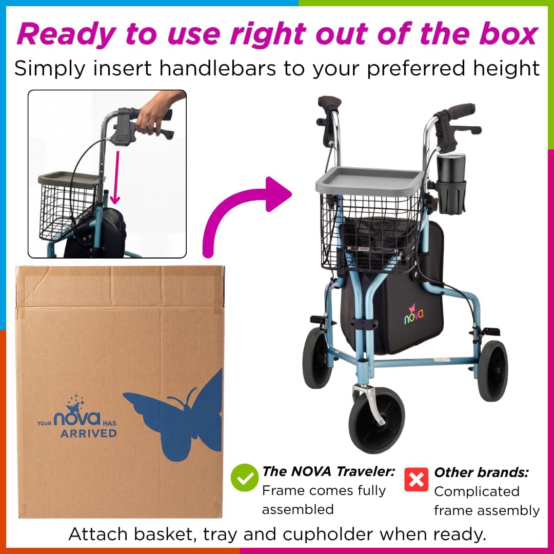 NOVA Traveler Folding 3-Wheel Walker with Tray Basket Pouch and Cup Holder

