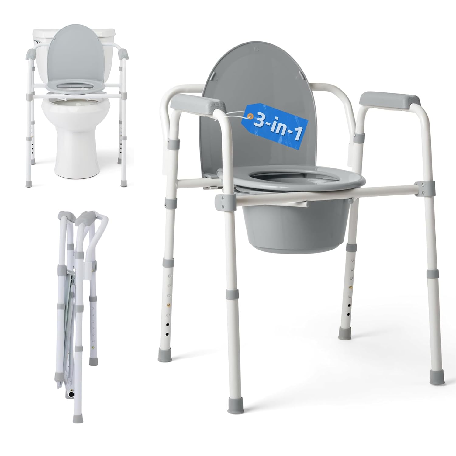 Medline 3-in-1 Folding Commode with Microban, Dark Gray, Portable, Adjustable

