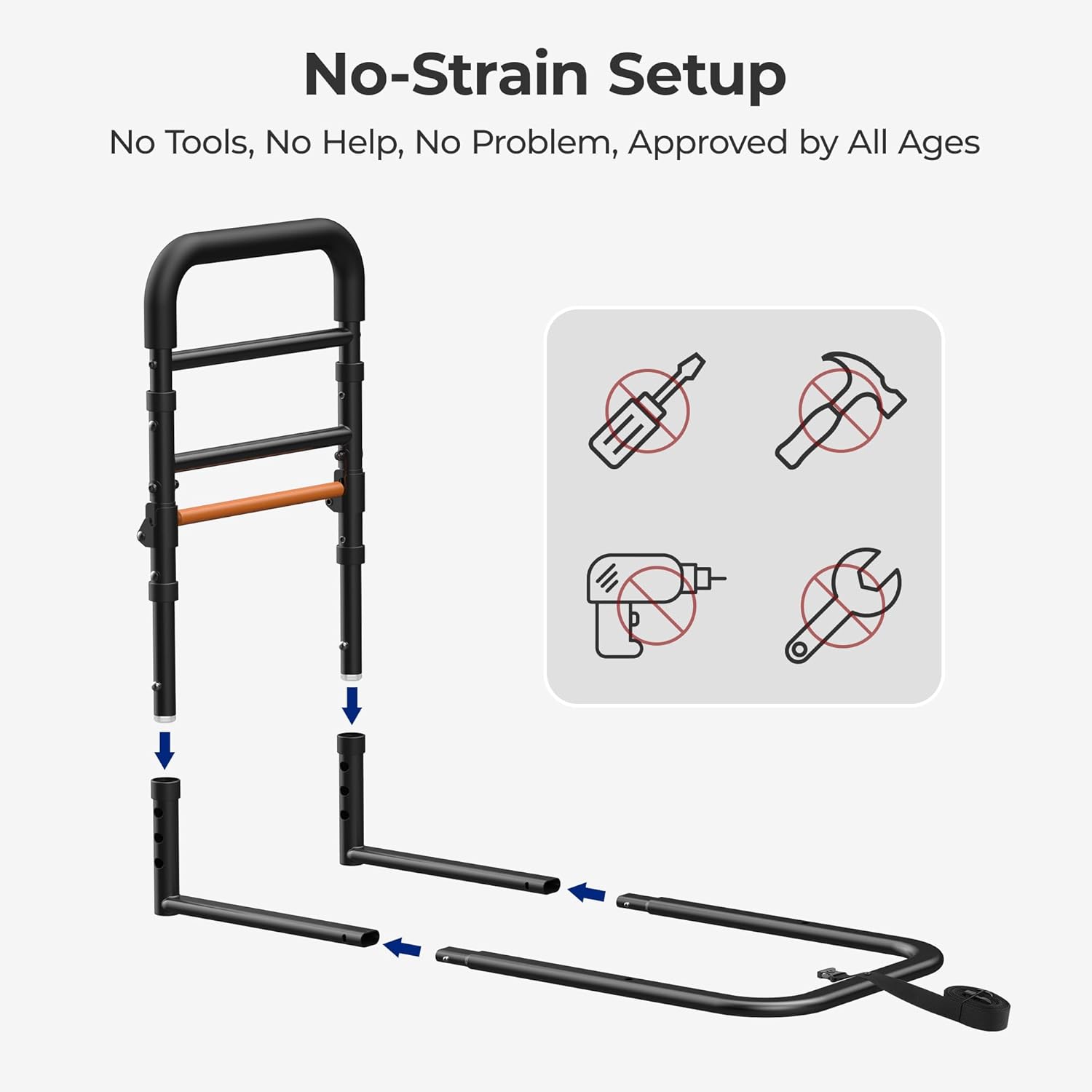 Elderly Bed Assist Rail, Adjustable Height Safety Bed Rails, Tool-Free

