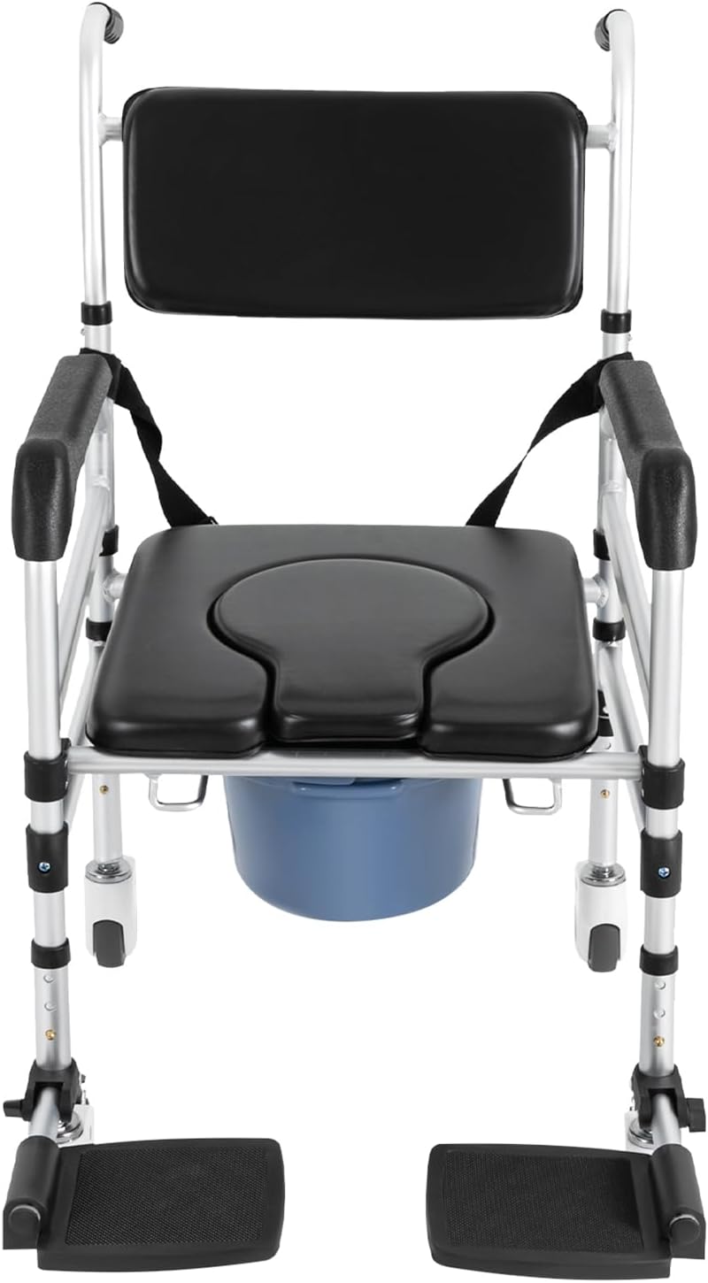 Shower Chair with Wheels and Arms, Adjustable Height Folding Commode Chair

