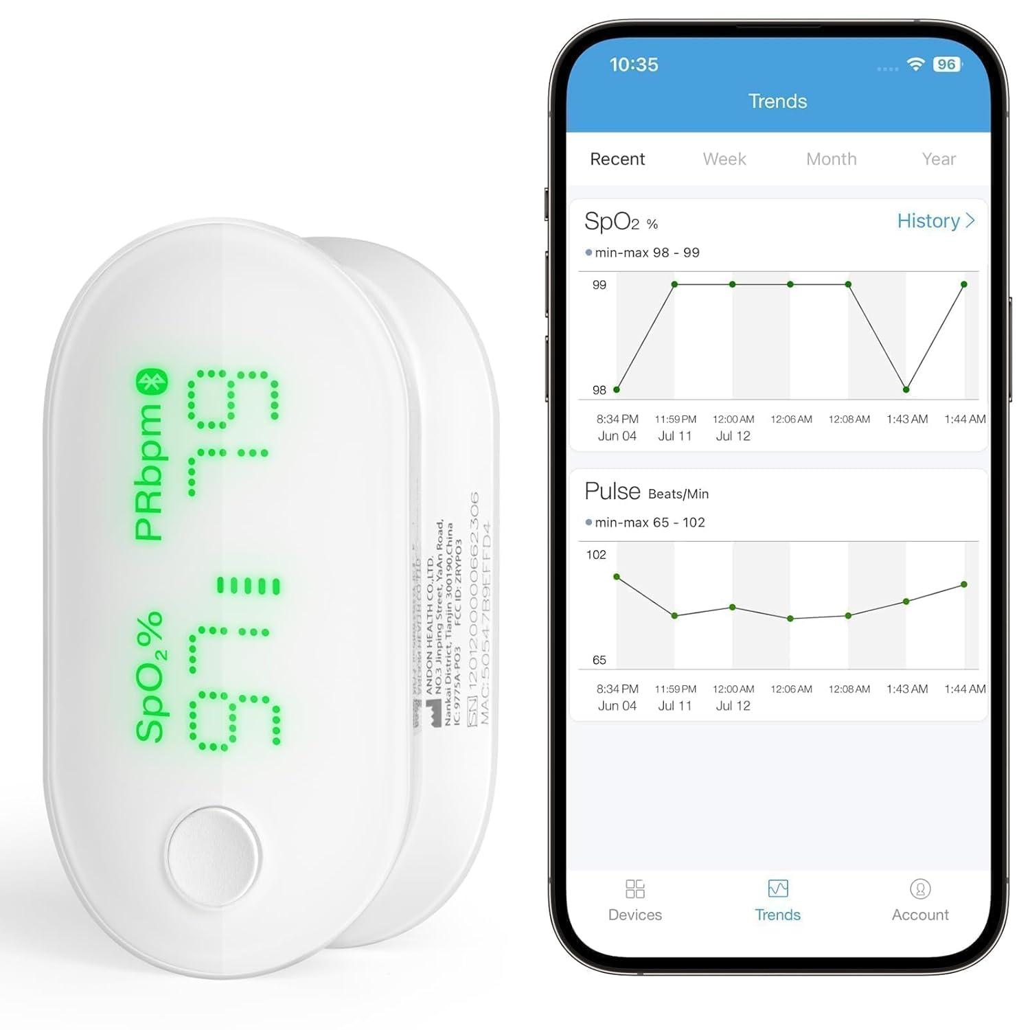 iHealth Rechargeable Fingertip Pulse Oximeter with Bluetooth App Trend Tracking

