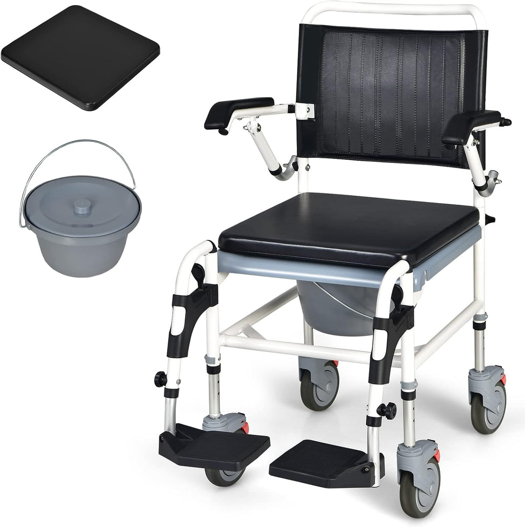 Giantex 4-in-1 Bedside Commode Shower Wheelchair Chair with Arms and Locking Wheels

