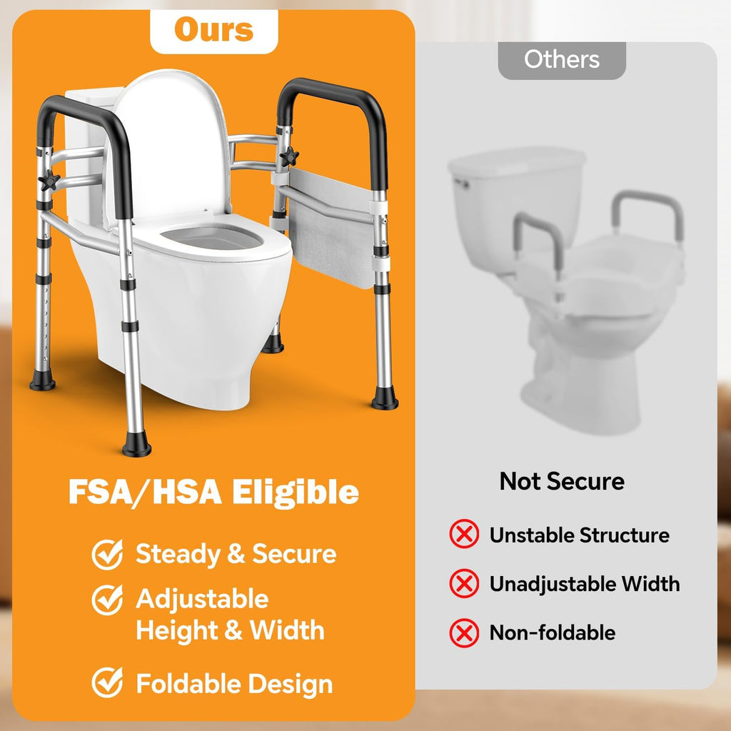 Toilet Safety Rail for Seniors Adjustable Height/Width Folding Handles 350 lb Capacity


