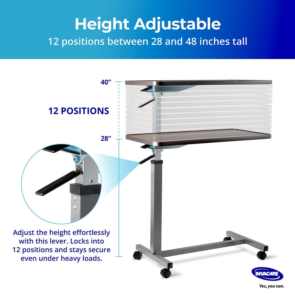 Invacare Height Adjustable Bedside Table with Waterproof Rolling Tray Desk

