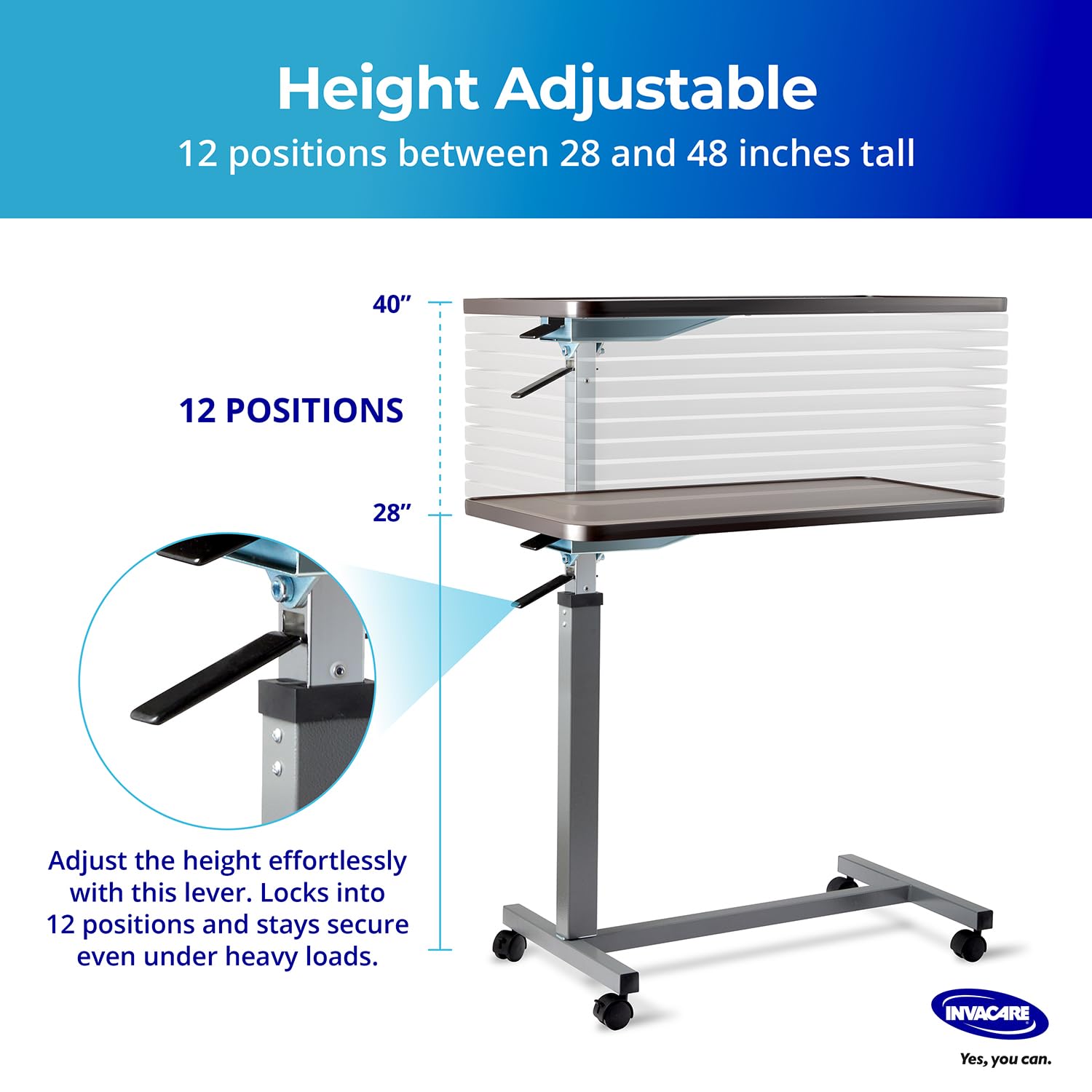 Invacare Height Adjustable Bedside Table with Waterproof Rolling Tray Desk

