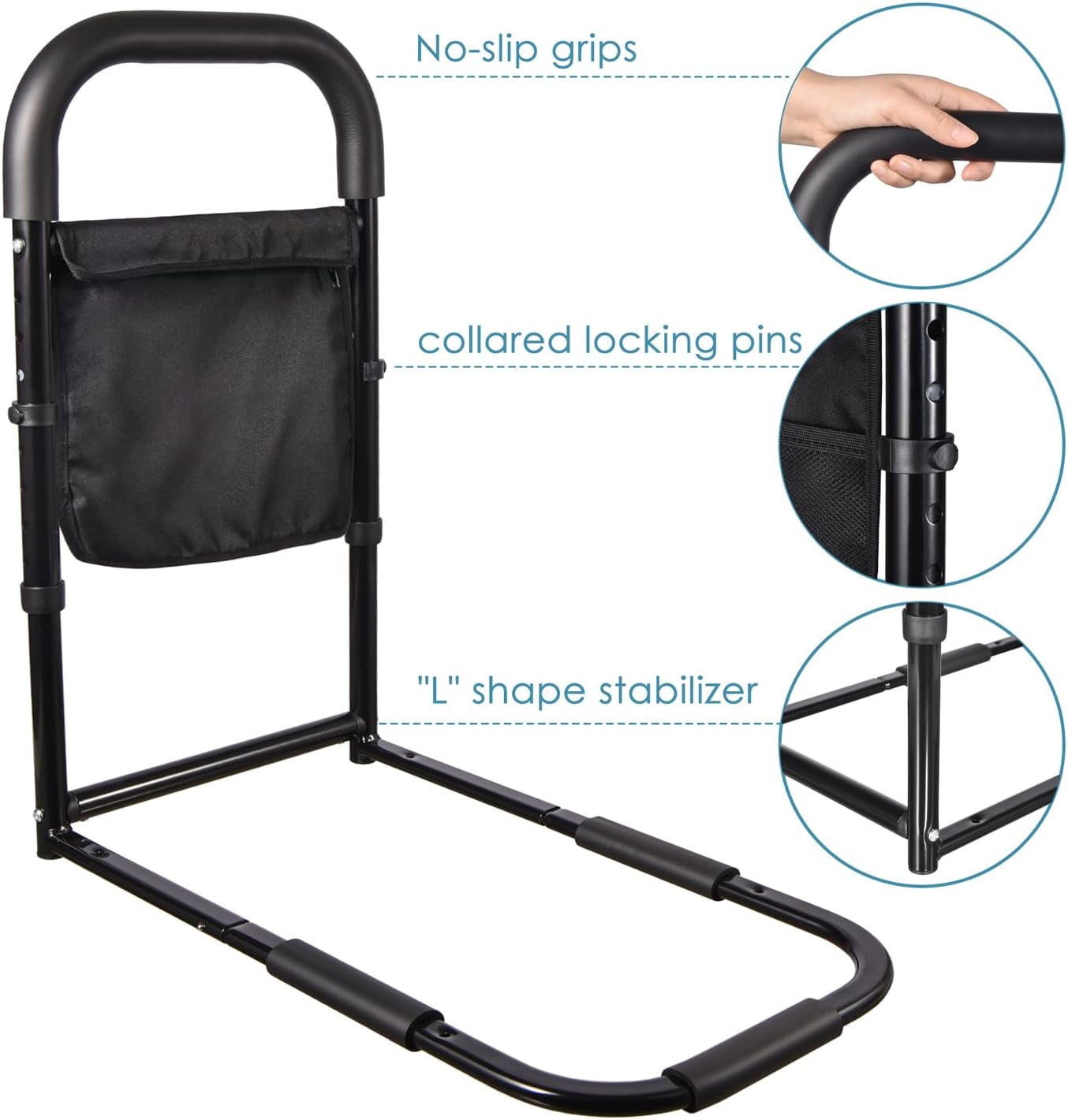Adjustable Bed Rail for Seniors with Motion Light, Padded Grab, Storage Pockets

