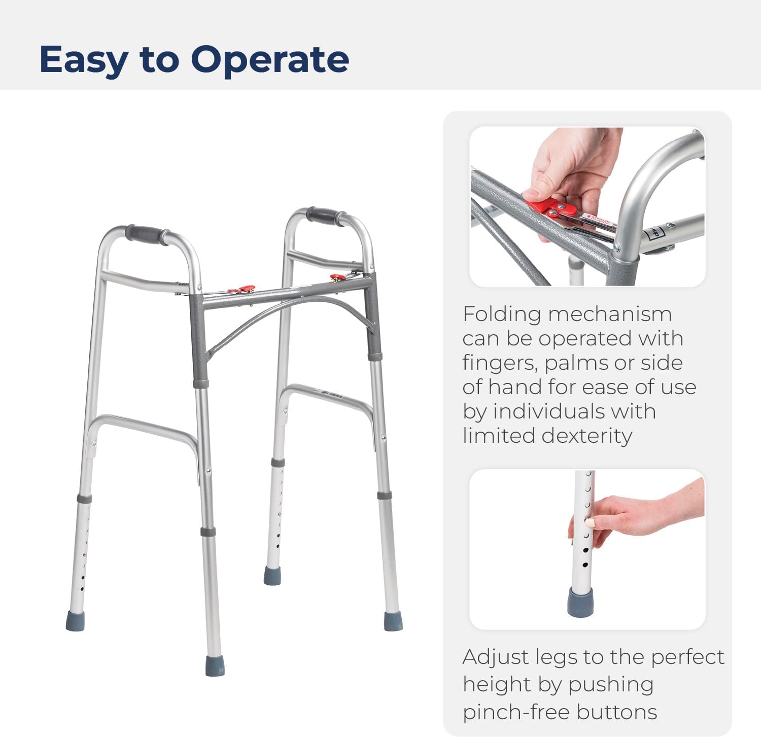 Drive Medical 2-Button Foldable Walker with Adjustable Legs, Lightweight Aluminum 350 lb

