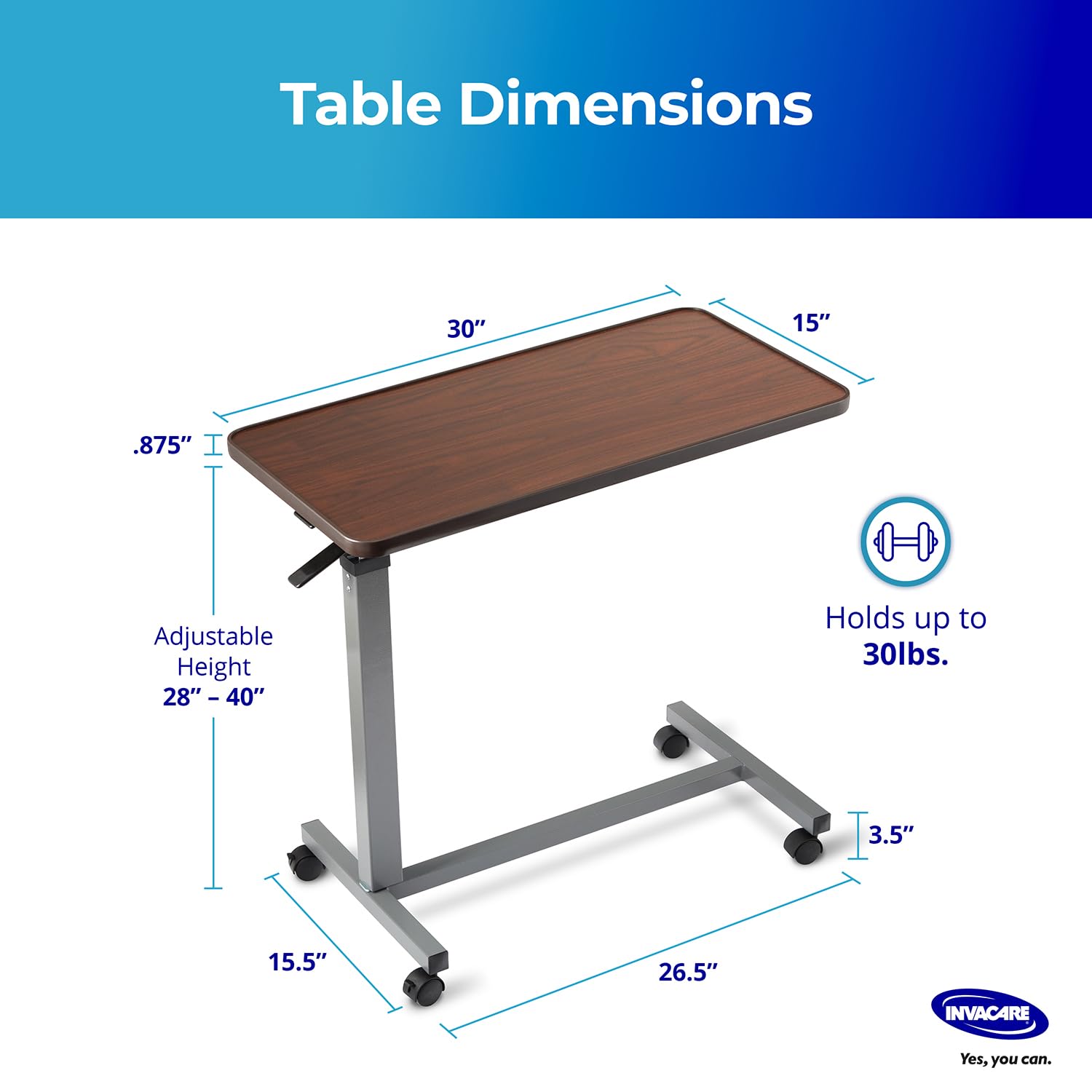 Invacare Height Adjustable Bedside Table with Waterproof Rolling Tray Desk

