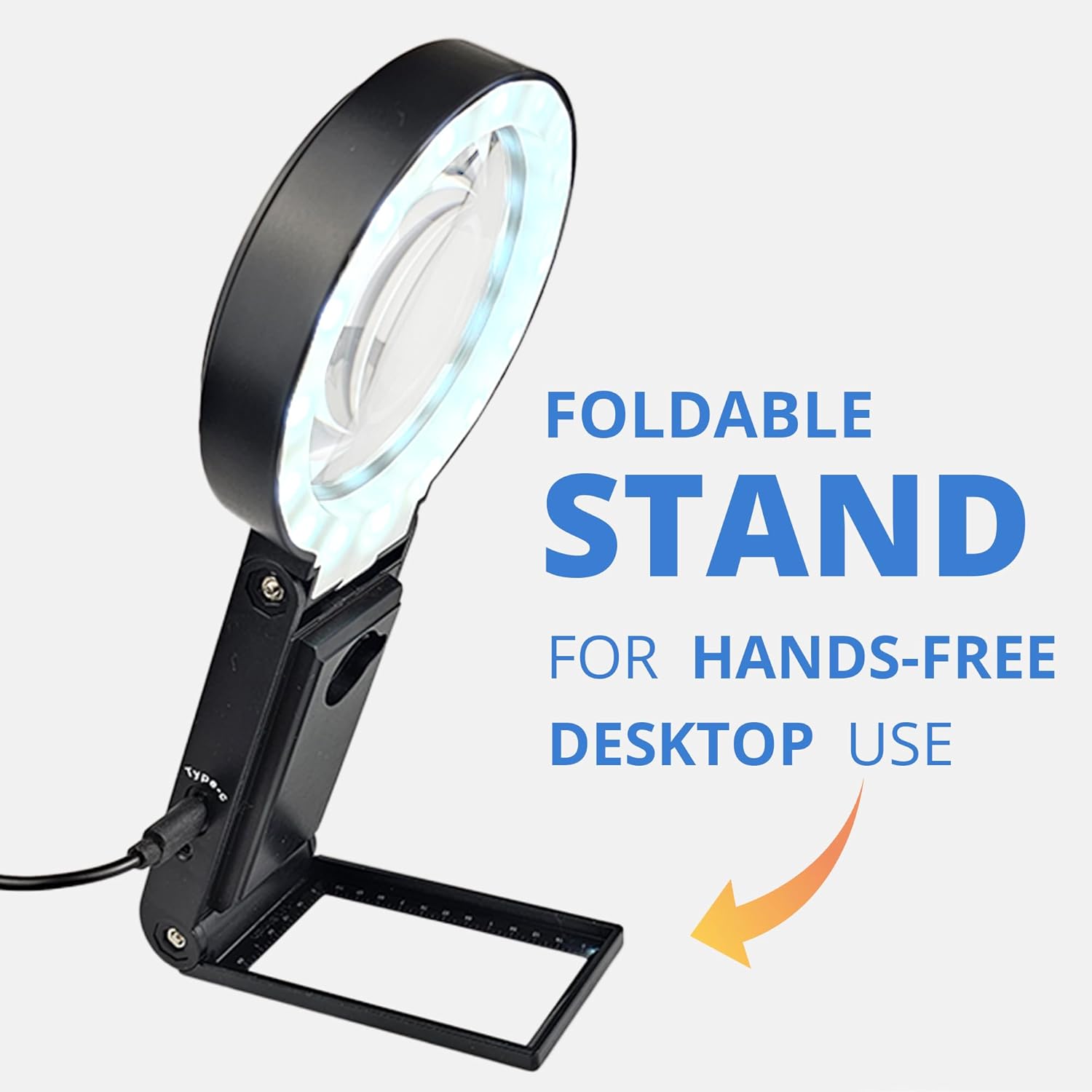 Hands-free magnifying glass with stand and illumination for reading and crafts

