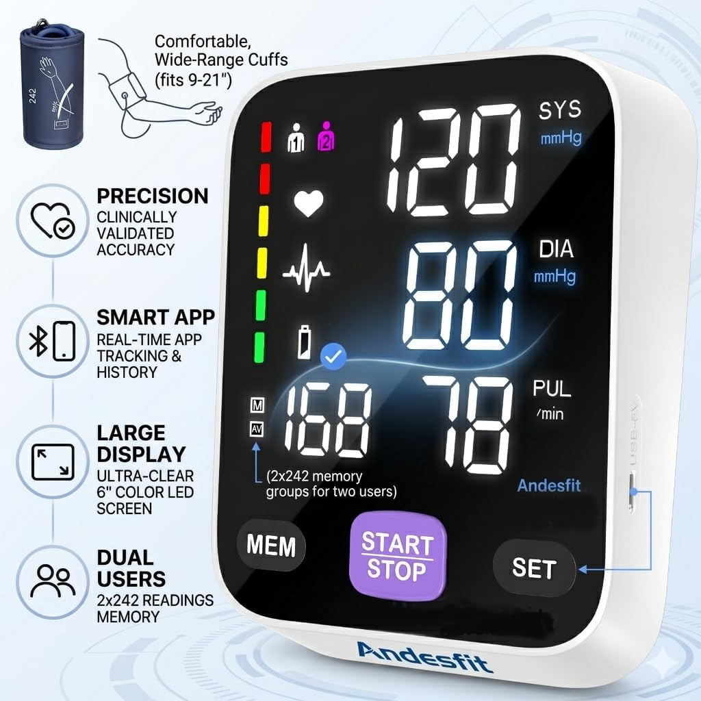 Andesfit Upper Arm Blood Pressure Monitor with Bluetooth and Large Color Display

