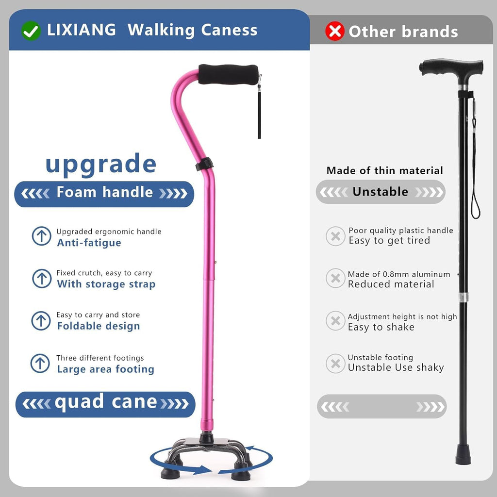 LIXIANG Quad Walking Cane Foldable Adjustable Aluminum Non-Slip Foam Handle

