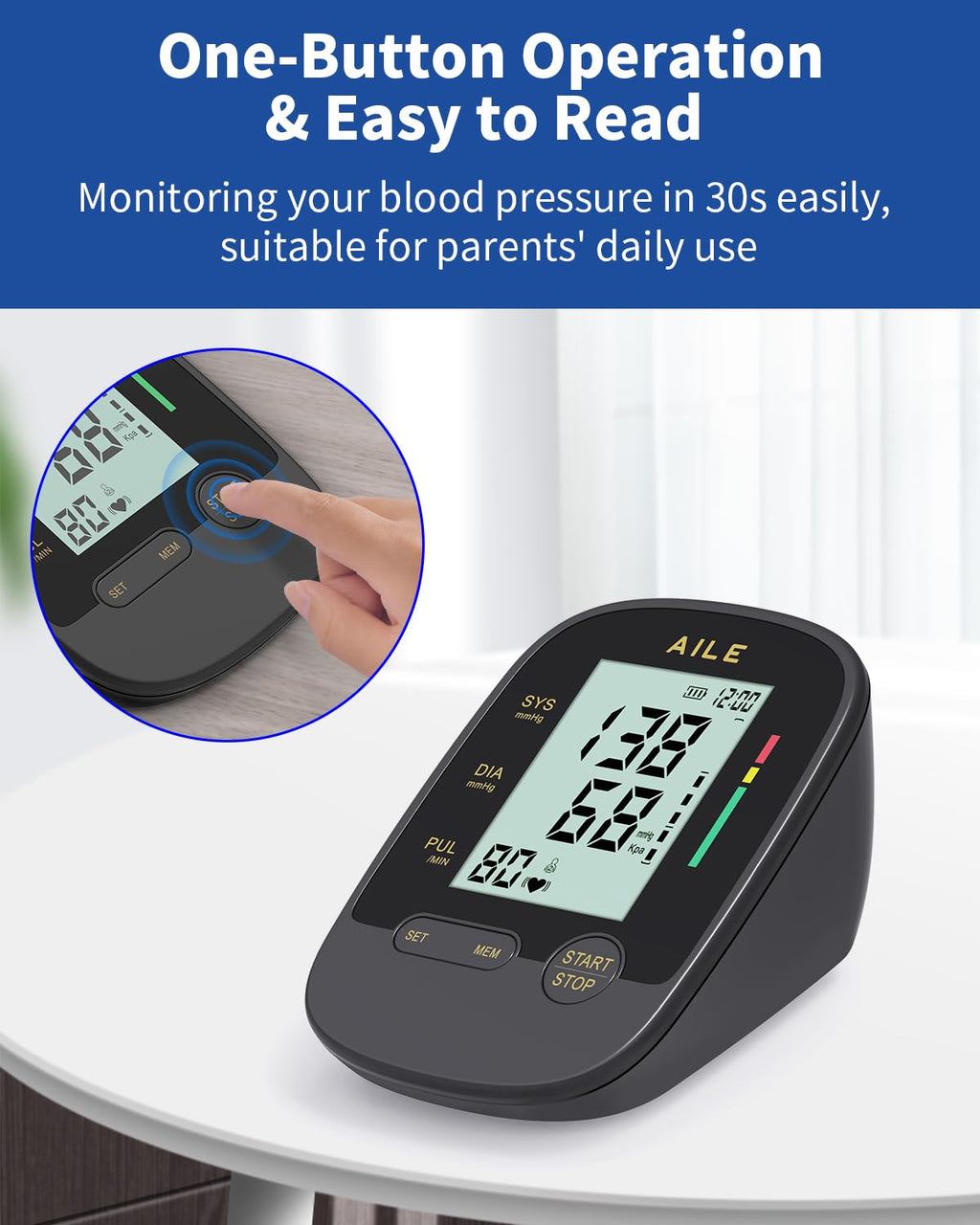 AILE Upper Arm Blood Pressure Monitor with Adjustable Cuff, Large LCD Display

