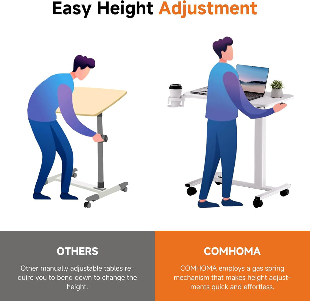 COMHOMA Adjustable Overbed Bedside Table with Lockable Wheels, Pneumatic Rolling Desk

