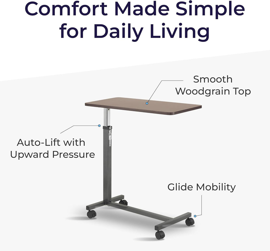 Drive Medical Non-Tilt Overbed Table with Wheels, Height-Adjustable Laminate Top

