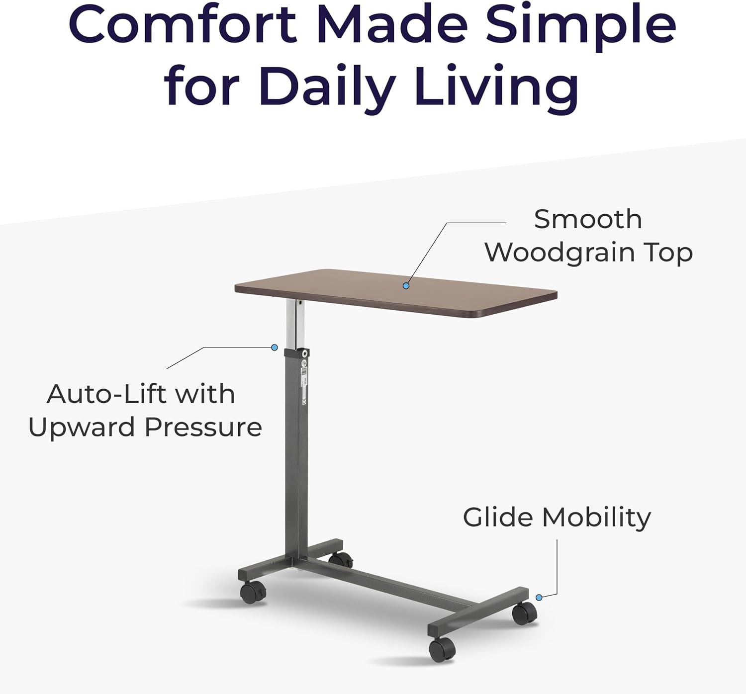 Drive Medical Non-Tilt Overbed Table with Wheels, Height-Adjustable Laminate Top

