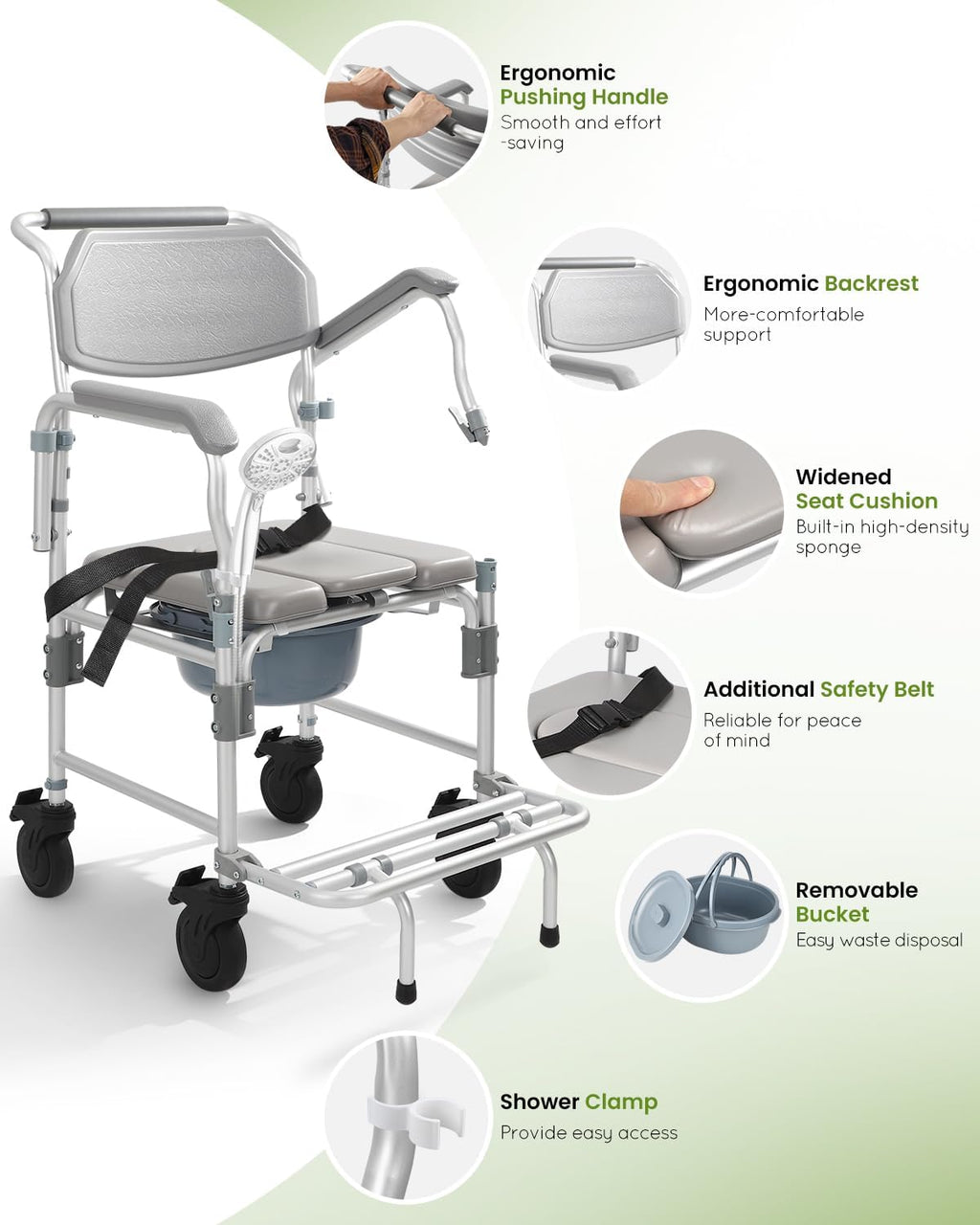 Shower Chair with Wheels, Commode Wheelchair with Flip-Up Arms and Safety Straps

