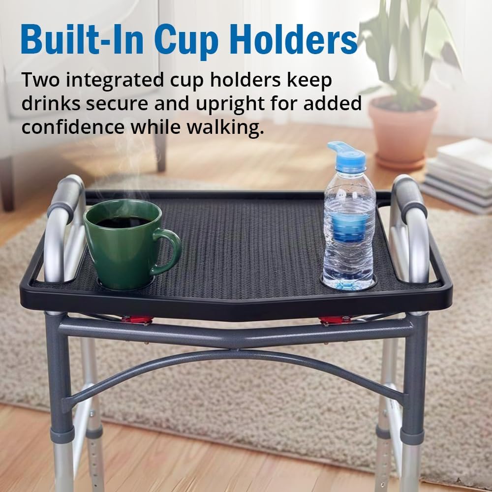Support Plus Walker Tray Table - Mobility Walker Caddy with Non-Slip Mat & Cup Holder

