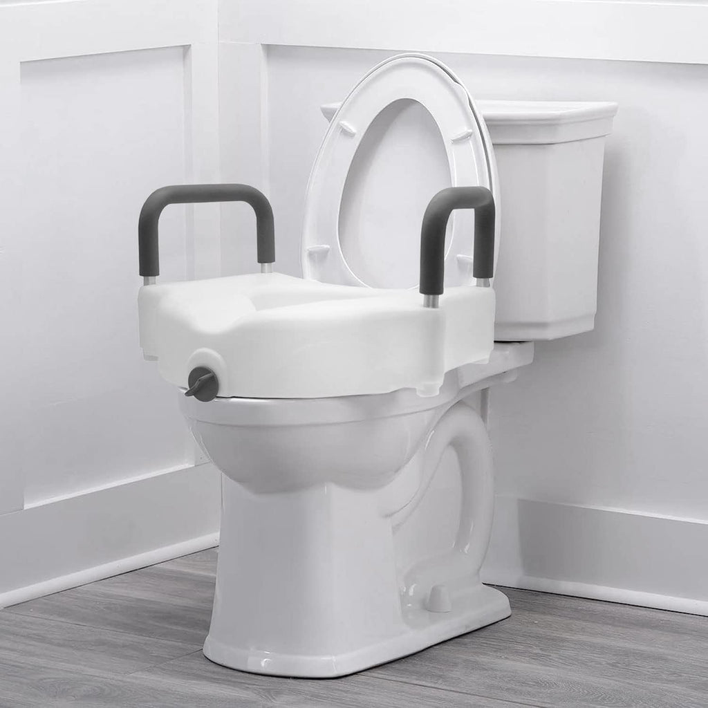 DMI Raised Locking Toilet Seat with Padded Armrests, 5-Inch Riser, 250 lb


