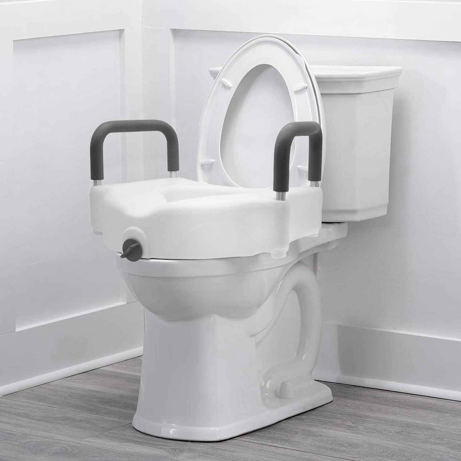 DMI Raised Locking Toilet Seat with Padded Armrests, 5-Inch Riser, 250 lb


