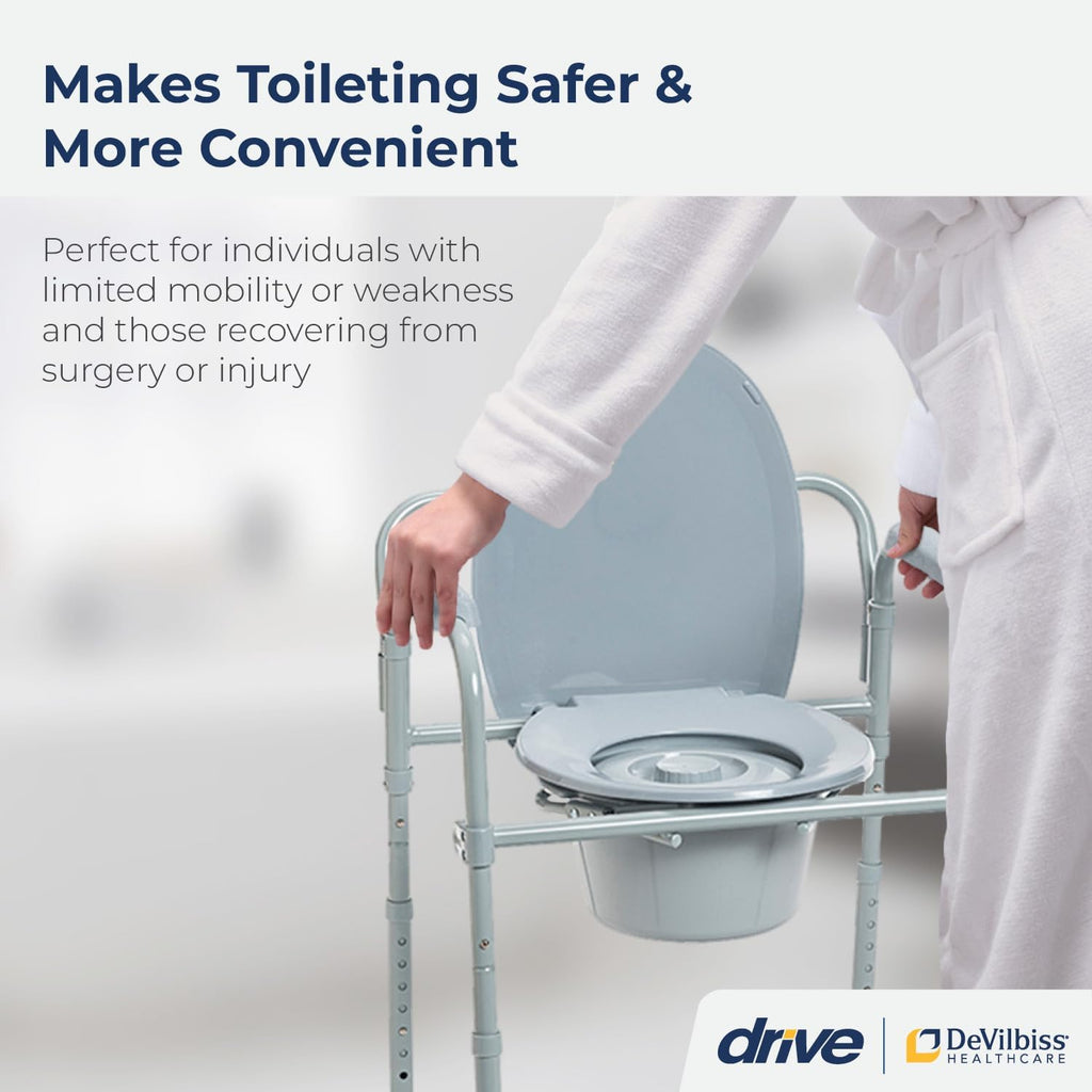 Drive Medical Folding Steel 3-in-1 Bedside Commode Chair, Adjustable Height 350 lb

