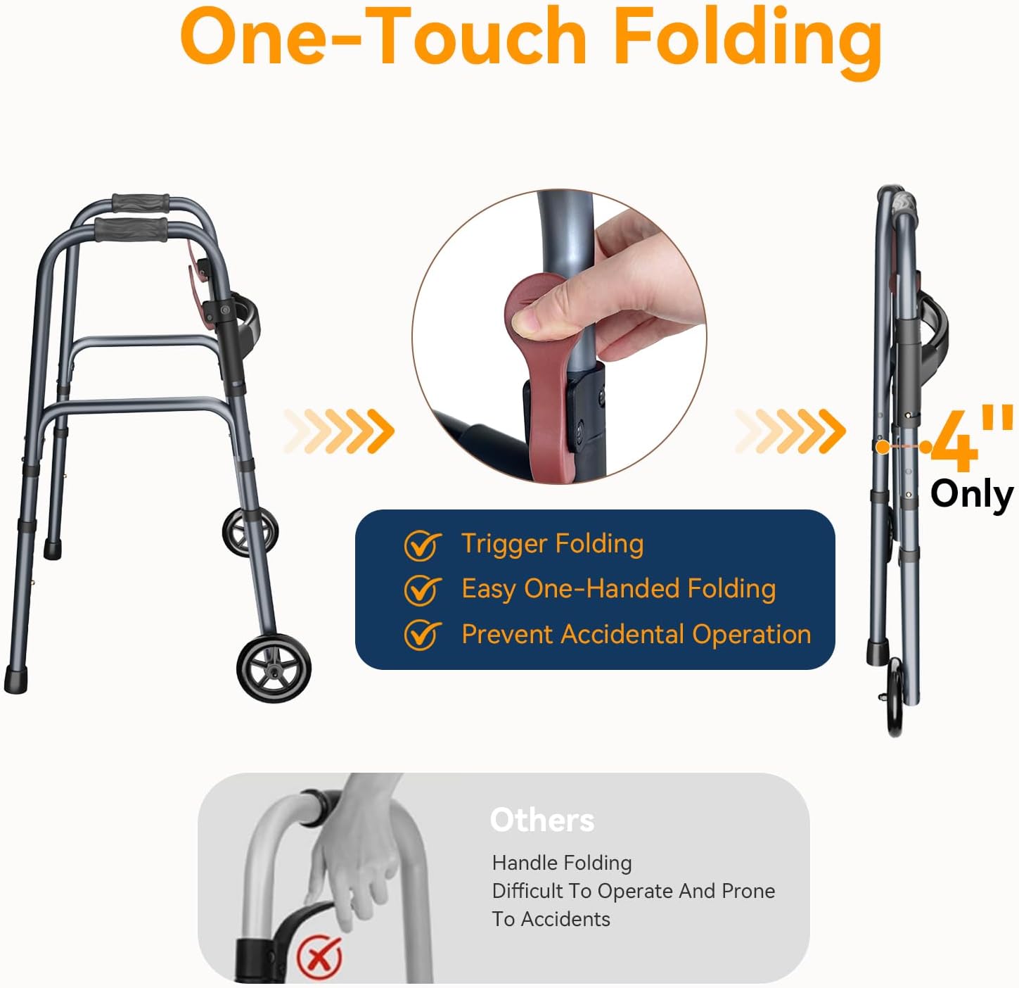 Folding Rolling Walker for Seniors, Height Adjustable, One-Hand Fold, 300 lb

