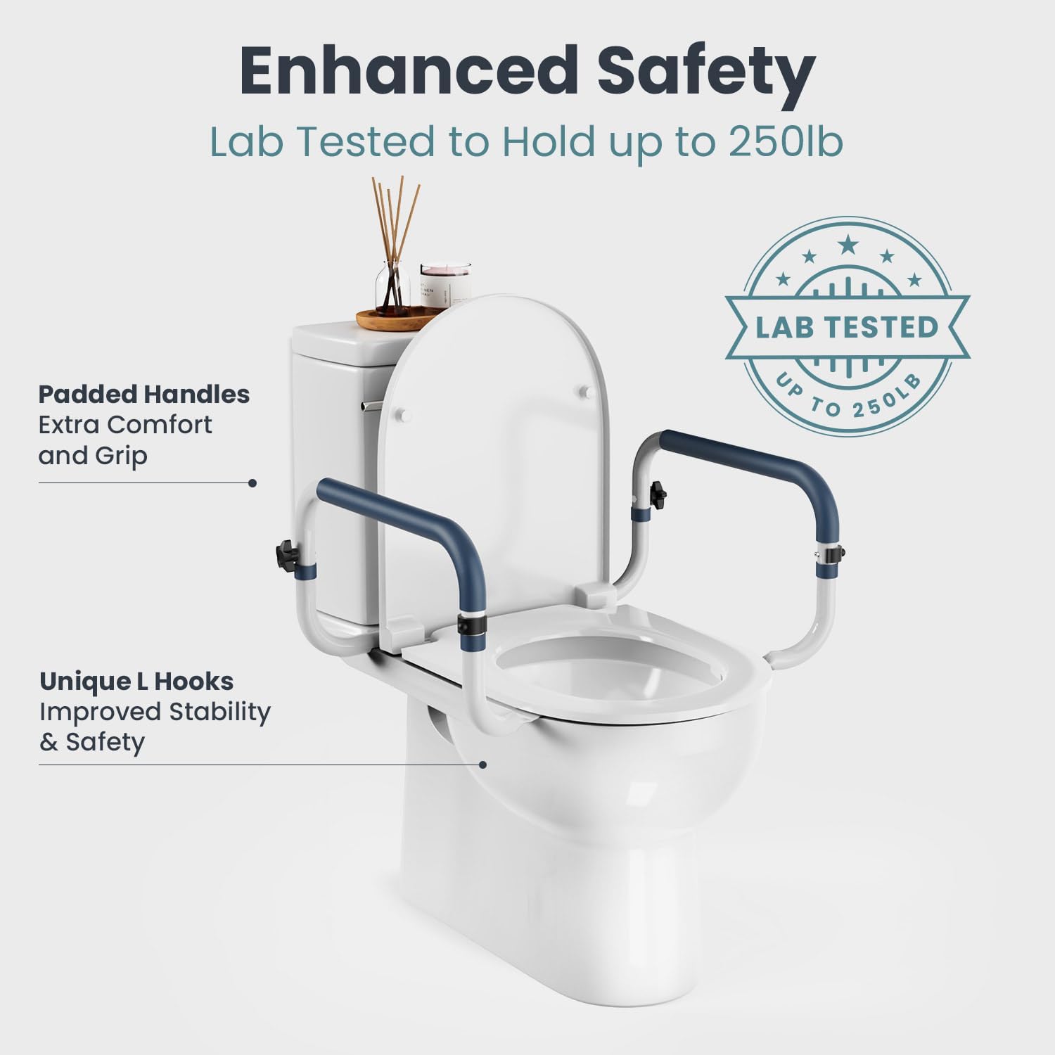 PELEGON Adjustable Toilet Safety Rails L-Shape Design, 250 lb Toilet Grab Bars

