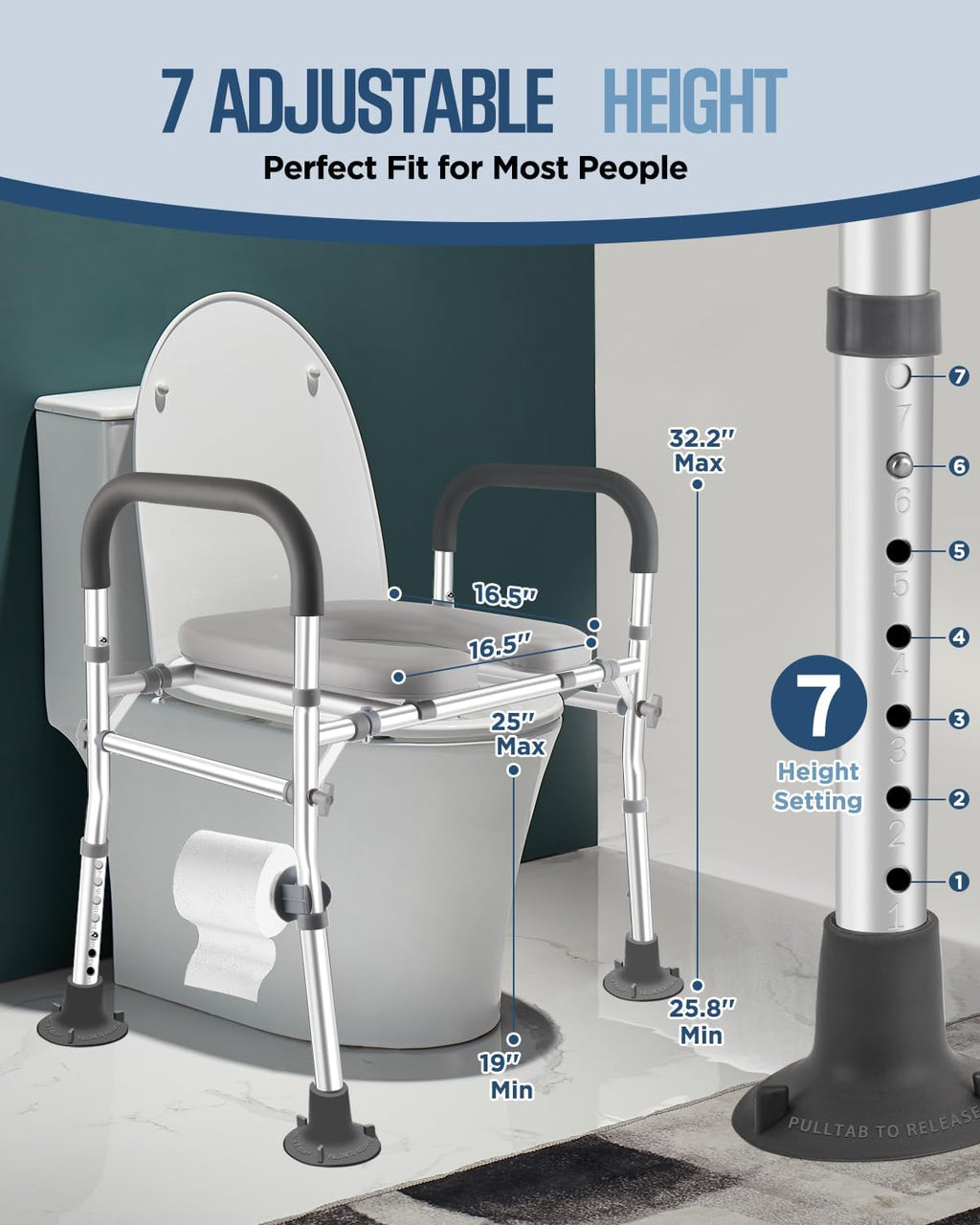 Extra Wide Raised Toilet Seat with Handles, Adjustable Height, 500 lb Capacity

