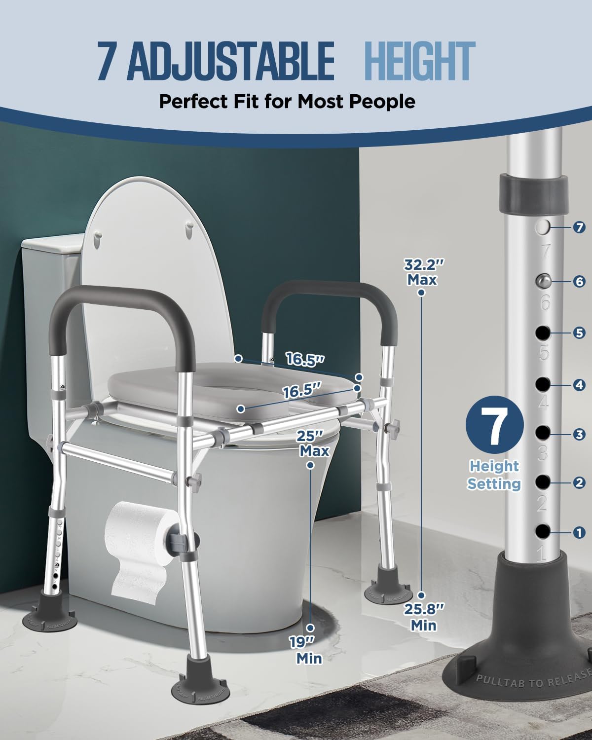 Extra Wide Raised Toilet Seat with Handles, Adjustable Height, 500 lb Capacity

