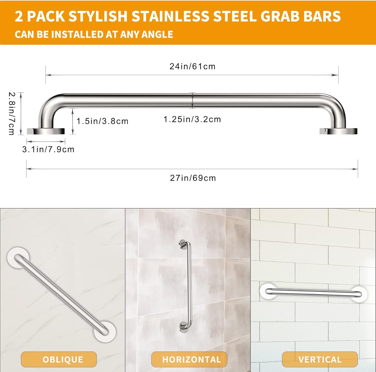 Lifeassist ADA Shower Grab Bars for Bathroom, 1.25 in Diameter, 500 lb Support

