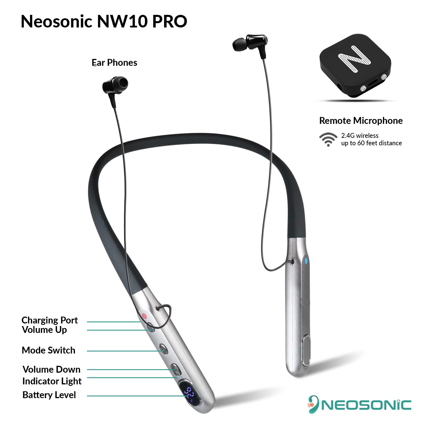 Neosonic Rechargeable Hearing Amplifier for TV Listening, Wireless Neckband Mic

