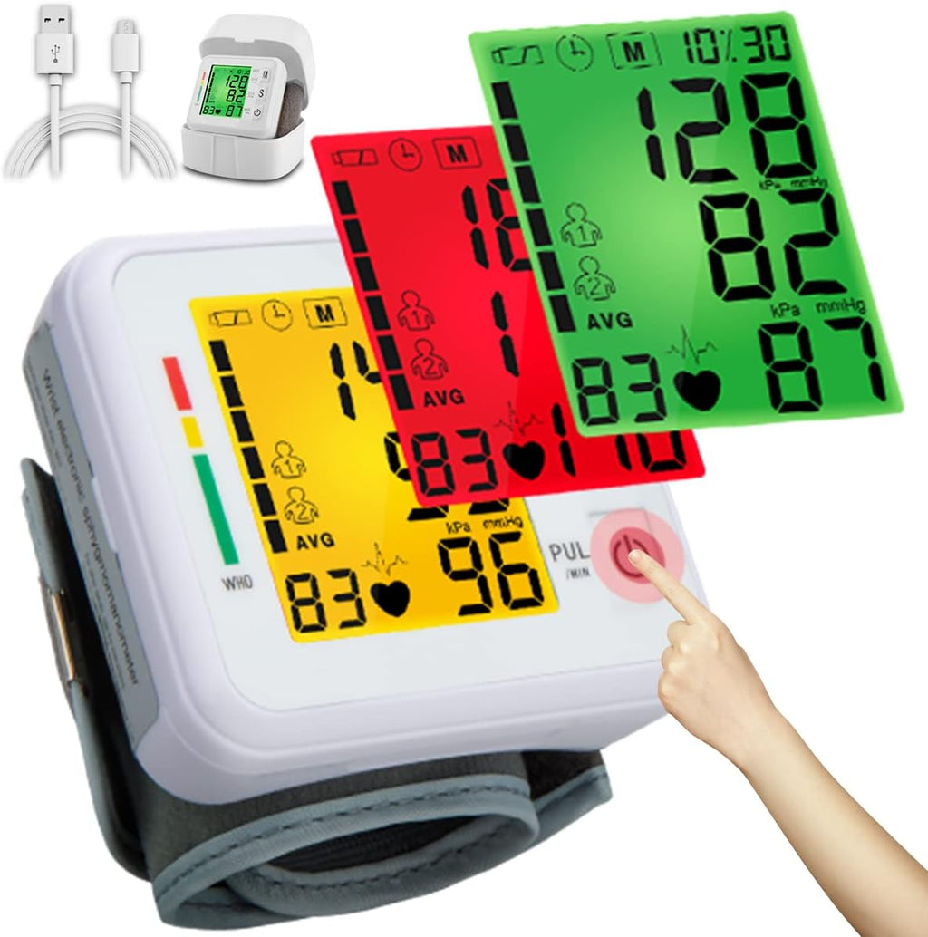 Wrist Blood Pressure Monitor Digital BP Machine USB Rechargeable Tri-Backlit Display

