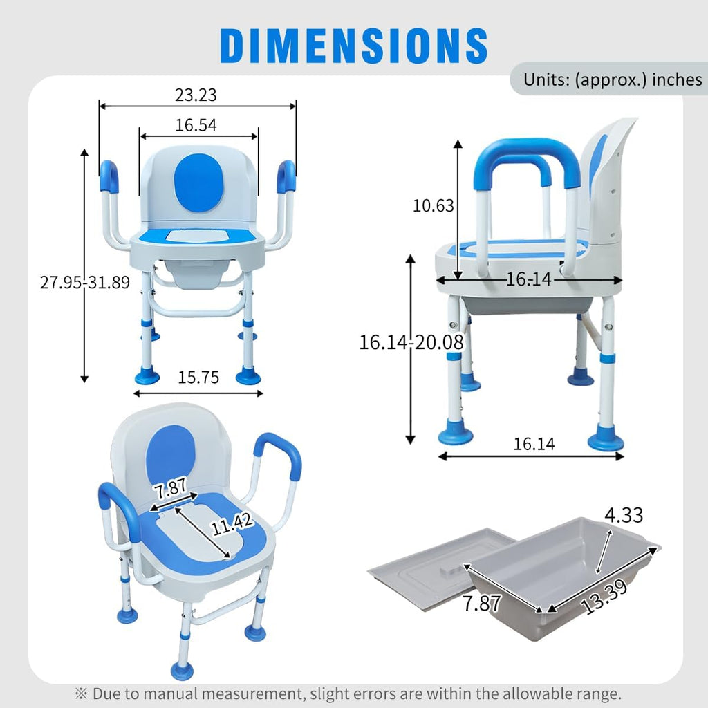 Lumizone Portable Toilet Chair Bedside Commode with Armrests & Dual-Lid Bucket

