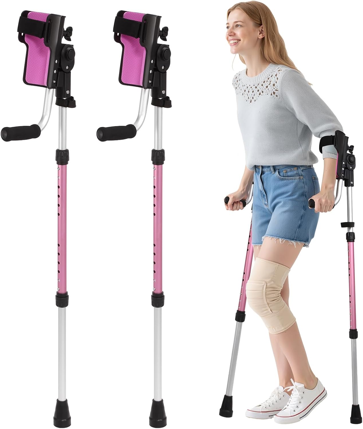 Adjustable 3-Angle Forearm Crutches for Adults, Non-Slip Rubber Tips, EVA Support

